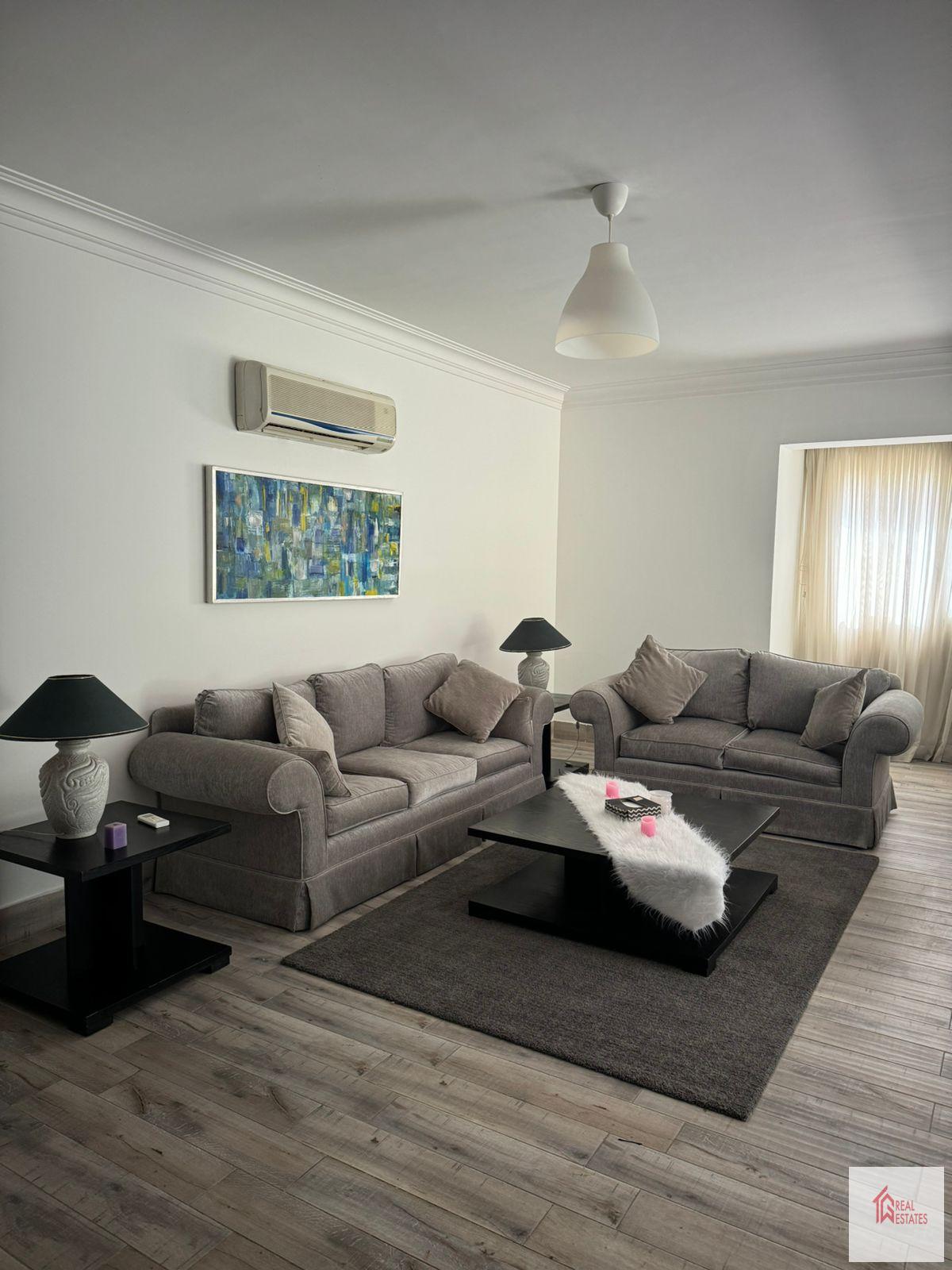 The modern apartment on the ground floor in House in Katameya Heights Extension contains 3 bedrooms, 3 bathrooms, a large living room open to the kitchen fully furnished garden. I have an apartment rent Katameya Heights